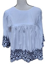 Zara Embroidered Peasant Top Back Tie Size S White Cotton