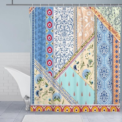 Boho Floral Shower Curtain for Bathroom, Patchwork Bohemian Retro Blue Colorful