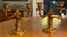 Vintage circa 1950's Pair of Italian Rococo Antiqued Gold/ Brass Candelabras  