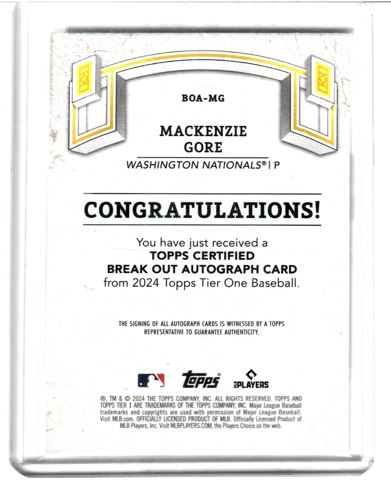 MacKenzie Gore 2024 Topps Tier One Certified Break Out Auto /25 BOA-MG Nationals - Image 2 of 2