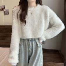 Faux Mohair Lady Knitwear Sweaters Jumper Pullover Casual Retro Soft Fluffy Tops