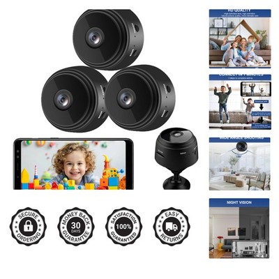 3 Mini WiFi Security Cameras - 150° Wide-Angle, Night Vision & Loop Recording