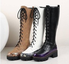 Chic Womens Mid Heel Punk Lace Up Platform Knee High Boots Knight Clubwear Shoes