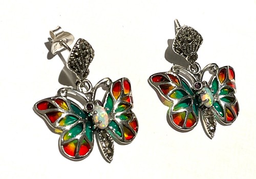 Sterling Silver Plique a Jour Art Deco Ruby Fire Opal Butterfly Drop Earrings - Picture 5 of 10