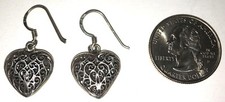 Sterling Silver 925 Filigree Heart Dangle Drop Earrings Open Hook