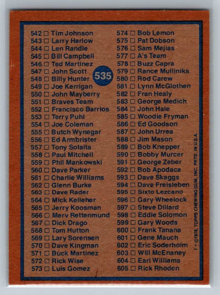 1978 Topps #535 Checklist: 485-605 | eBay