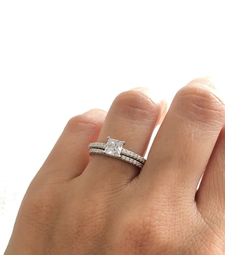 Art Deco VVS1 Moissanite Princess Cut 925 Solid Silver Bridal Wedding Ring Set
