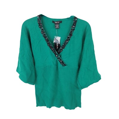 Style & Co Blouse Womens Large Beaded 3/4 Sleeve V Neck Top Stretch Fiited 