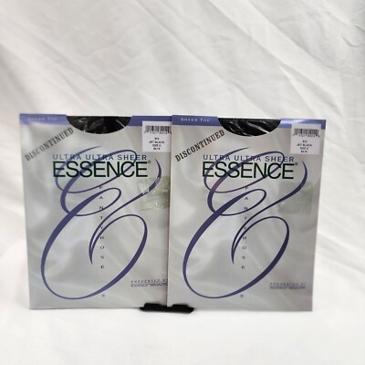2 Vtg Essence Pantyhose Jet Black Size D XL Ultra Ultra Sheer Ctrl Top Sheer Toe