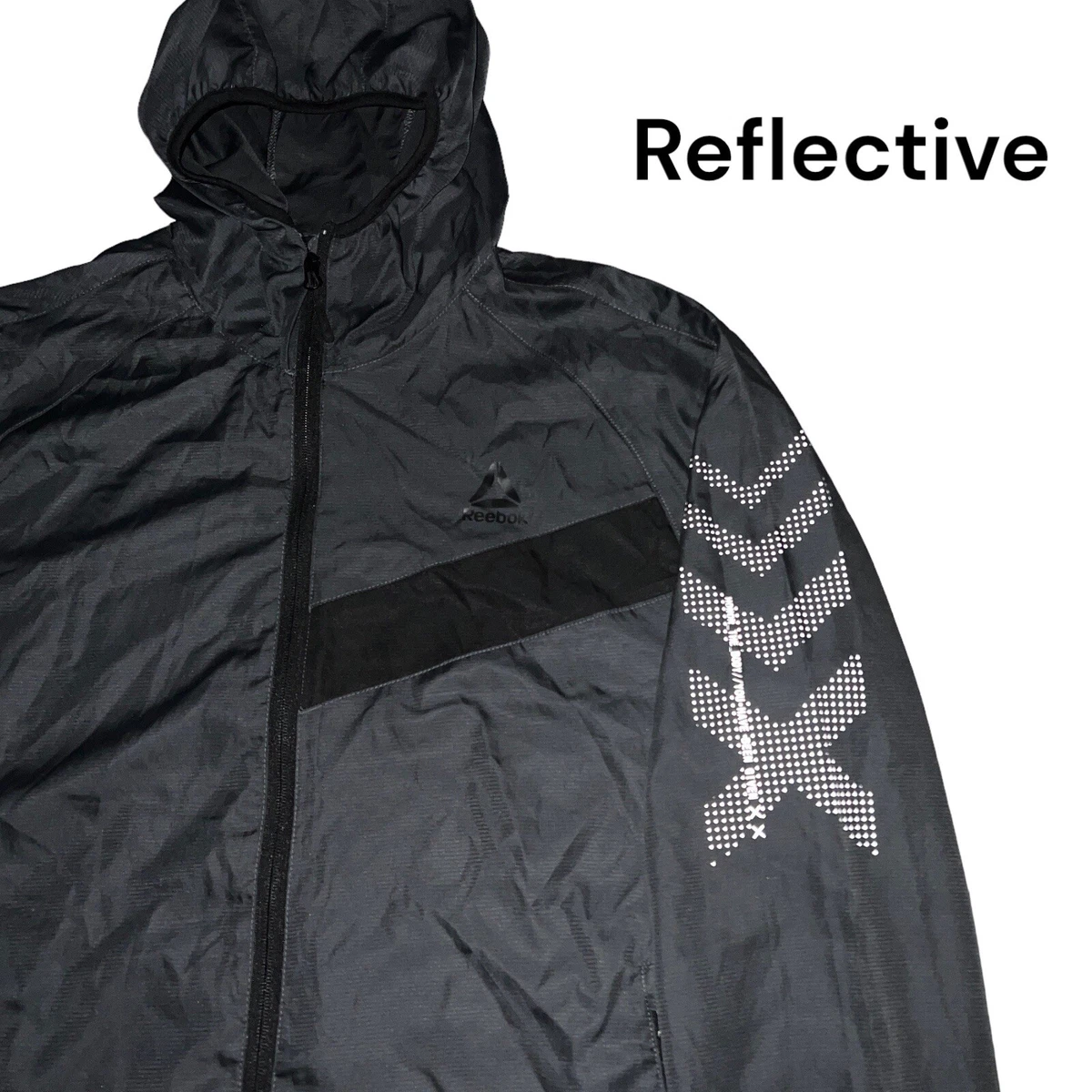 Reebok Jacket Men s XL Grey Reflective Run Performance Hood Full