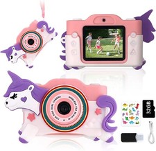 DIYMSX Kids Camera,HD Digital Kids Camera Unicorn Cartoon 32GB SD Card-Pink