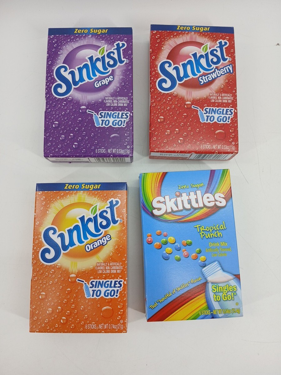 Lot Of 4) Sunkist Skittles Singles To Go Zero Sugar Drink Mixes