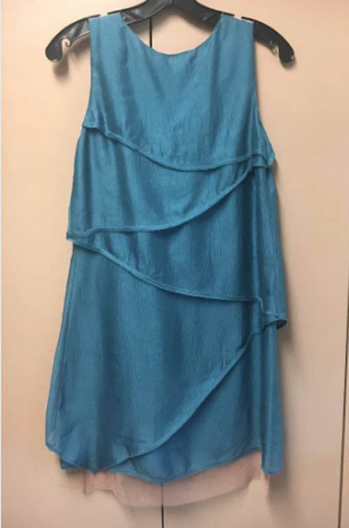 $328 BCBG RUNWAY ABITO A CASCATA DI SETA SENZA MANICHE BLU CENERE SCURO (CELINE) XXS