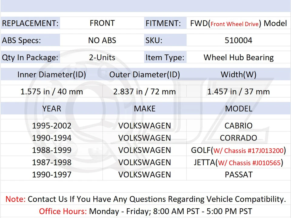 [DELANTERO (cantidad 2)] Cojinete de cubo de rueda [72 mm OD] para Volkswagen Corrado 1990-1994 tracción delantera Foto 2 de 4
