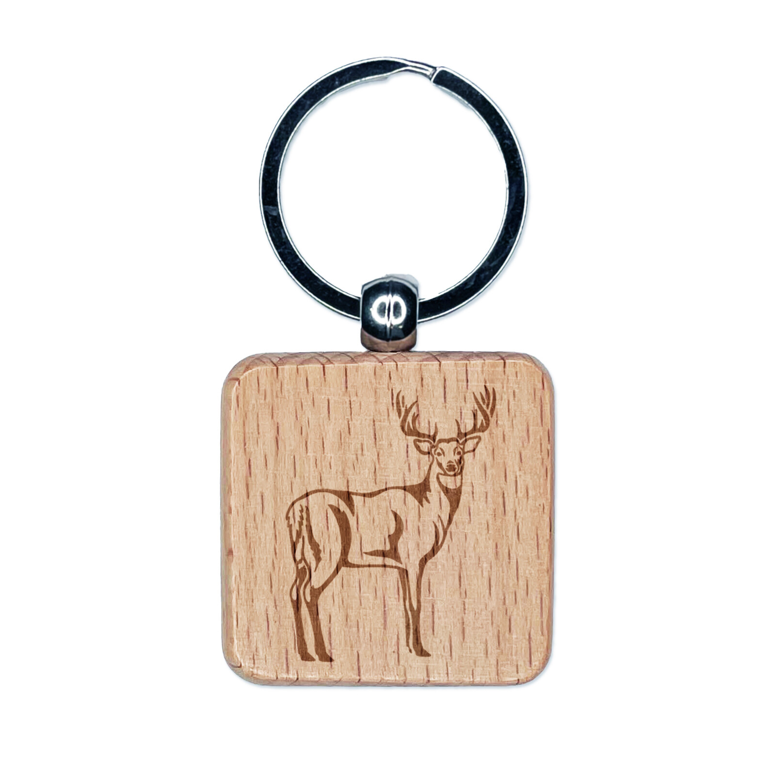 White-Tailed Deer Buck Hunting Forest Engraved Wooden Square Keychain