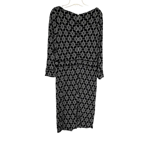 Abito tubino seta Tory Burch nero bianco stampa monogramma manica 3 4 lunghezza ginocchio L