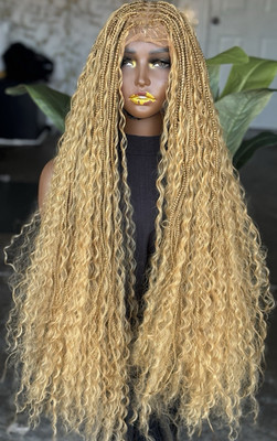 Braided Medium Blond Curly Wig Free-Part for Women Fashion boho wig 28 inches 