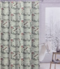 Envogue Winter Wishes Green Christmas Fabric Shower Curtain Holly Poinsettia