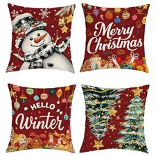 Red Christmas Throw Pillow Covers 18x18 Inch Set of 4 Snowman Xmas Tree