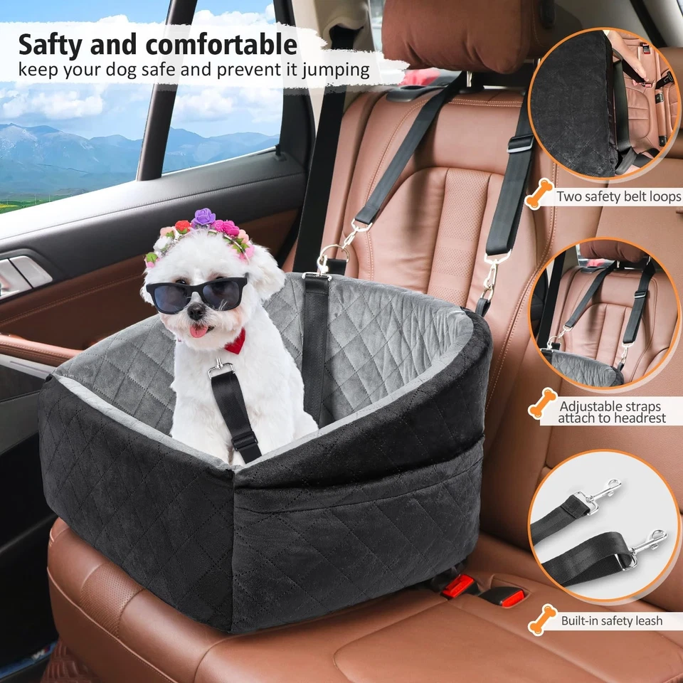 Asiento de coche para perros pequeños de hasta 30 libras, cama elevadora con cinturón de almacenamiento y seguridad Foto 2 de 4