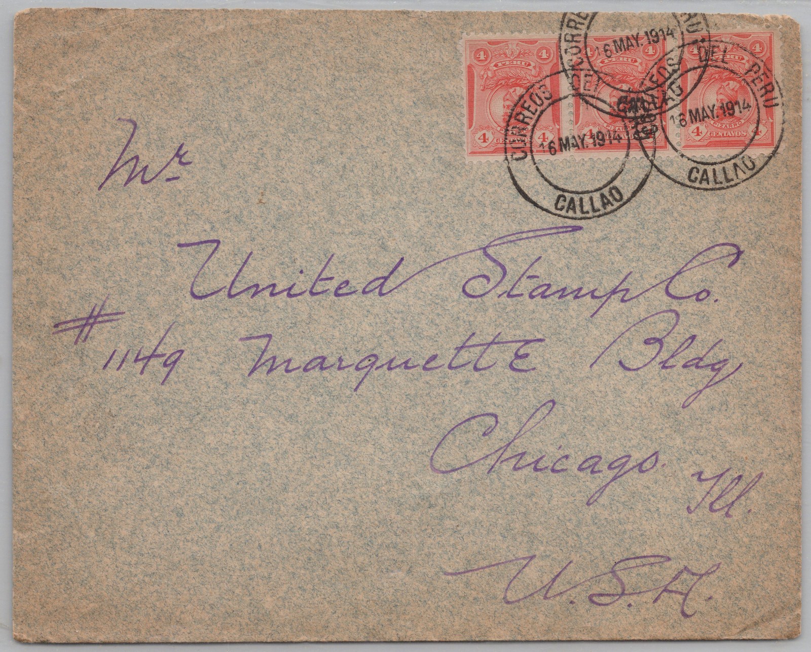 1914 PERU–CHICAGO Commercial Cover 12c UPU Rate 3× PIZARRO w/ SCHAUBEK Seal