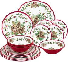 ware 16 Piece Pinecones Melamine Dinnerware Sets, Outdoor Dishes Set, Plates and