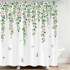 Sage Green Eucalyptus Shower Curtain,Green Leaves Pink Floral Plant Botanical