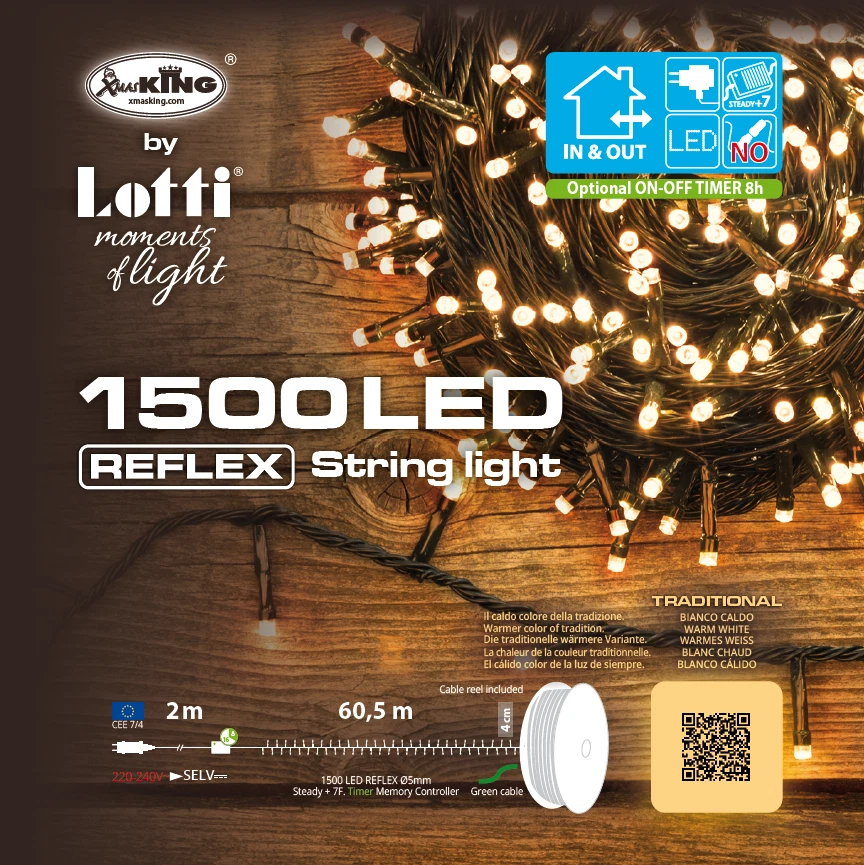 Catena Luci di Natale da 60,5 mt con 1500 LED Reflex Bianco Caldo Tradizionale