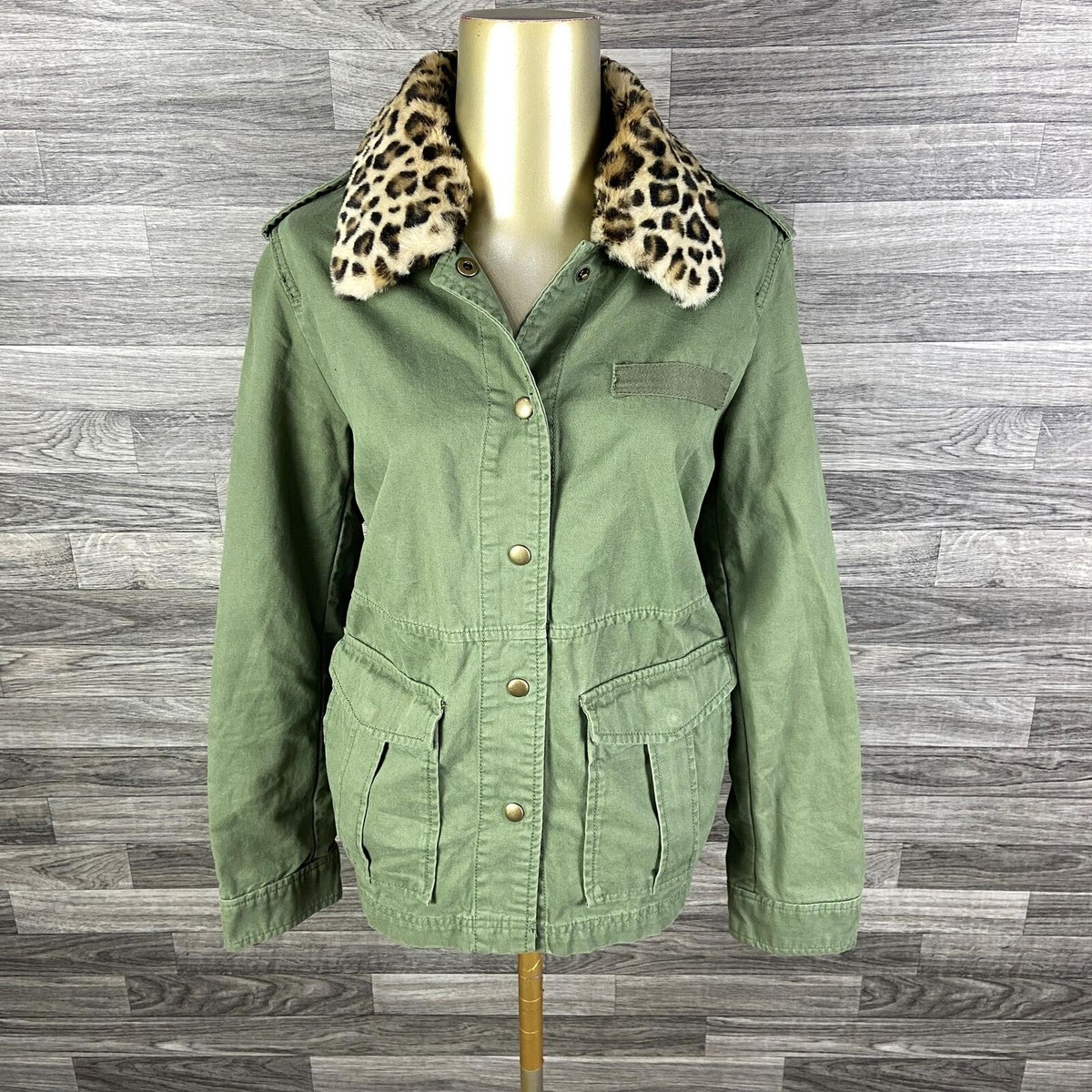 GAP Snap Up Fur Collar Pockets Green Utility Jacket Women's
