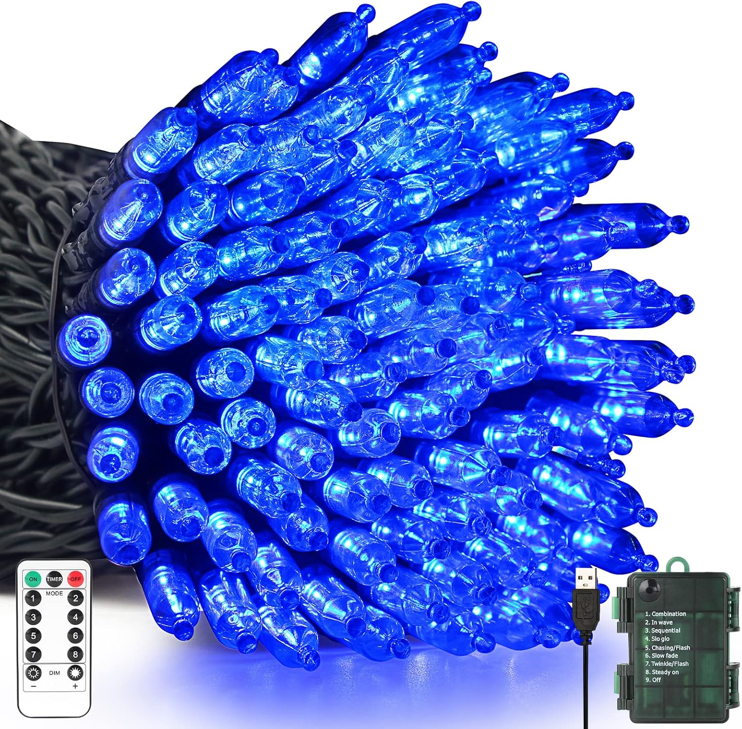 Blue Christmas Lights Battery Operated or USB Charging, 33FT 100 LED Christmas T