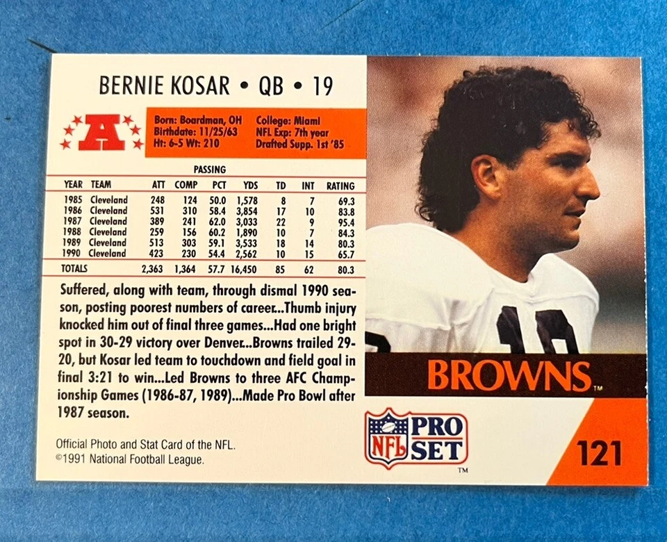 1991 Pro Set #121 Cleveland Browns NFL Bernie Kosar MISSING LOGO ERROR - Image 2 of 2