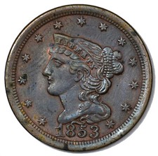 1853 Braided Hair Copper Half Cent 1/2C - About Uncirculated -