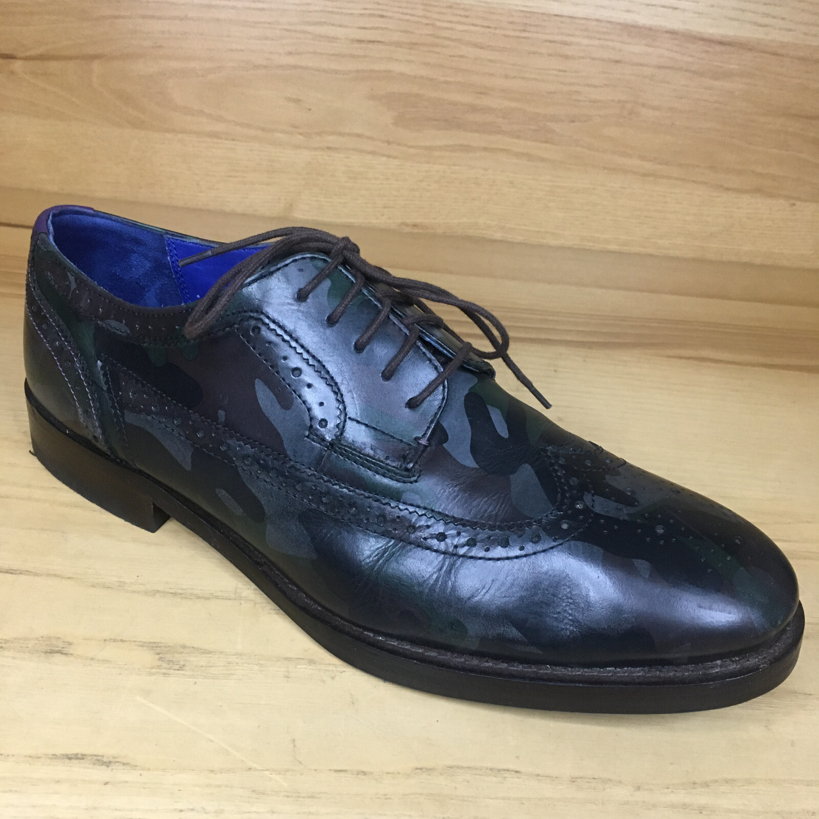 SAOLA Derby mimetico Ted Baker Chorlten in pelle verde scuro alare da uomo taglia 12 mimetico