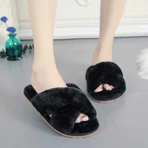 Damen Plüsch Hausschuhe Kunstfell Slipper warm pelzig flach Schuhe offene Zehenpartie grün - Bild 9 von 25