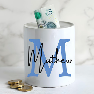 Personalisierte Namen Keramik Spardose blau Initiale Name nachdenklich Geschenk Ihn