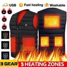 Men USB Electric Heated Vest Jacket 5 Zone Warm Up Heating Pad Cloth Body Warmer