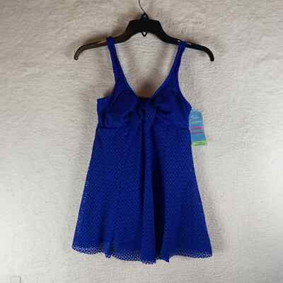 Swim Solutions Womens Blue Crochet Bow Front Tummy Control Swim Dress Size 8 NWT