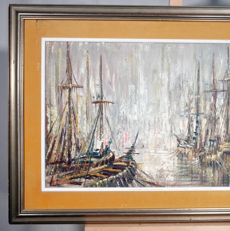 Pintura al óleo original moderna de mediados de siglo puerto velero estilo buffet Bernard Foto 4 de 4