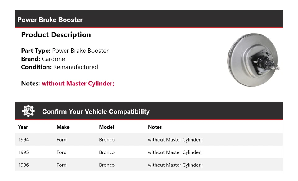 Para Ford Bronco 1994-1996 Power Brake Booster Cardone 1995 Foto 2 de 4