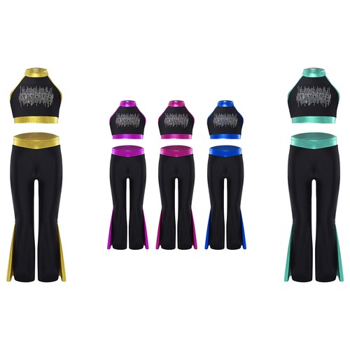 Kids Girls Sports Suit Shiny Dancewear Rhinestone Crop Top With Flared Pants - Picture 2 of 66