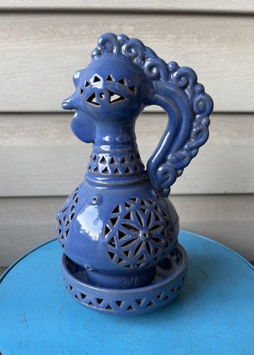 Vintage Blue Rooster Terracotta Candlestick Luminary Candle Holder 9.5" Signed