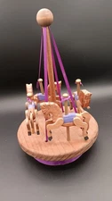 Vntg Handmade Wooden May Pole Horse Carousel Ribbon Spinner {damage to one leg}