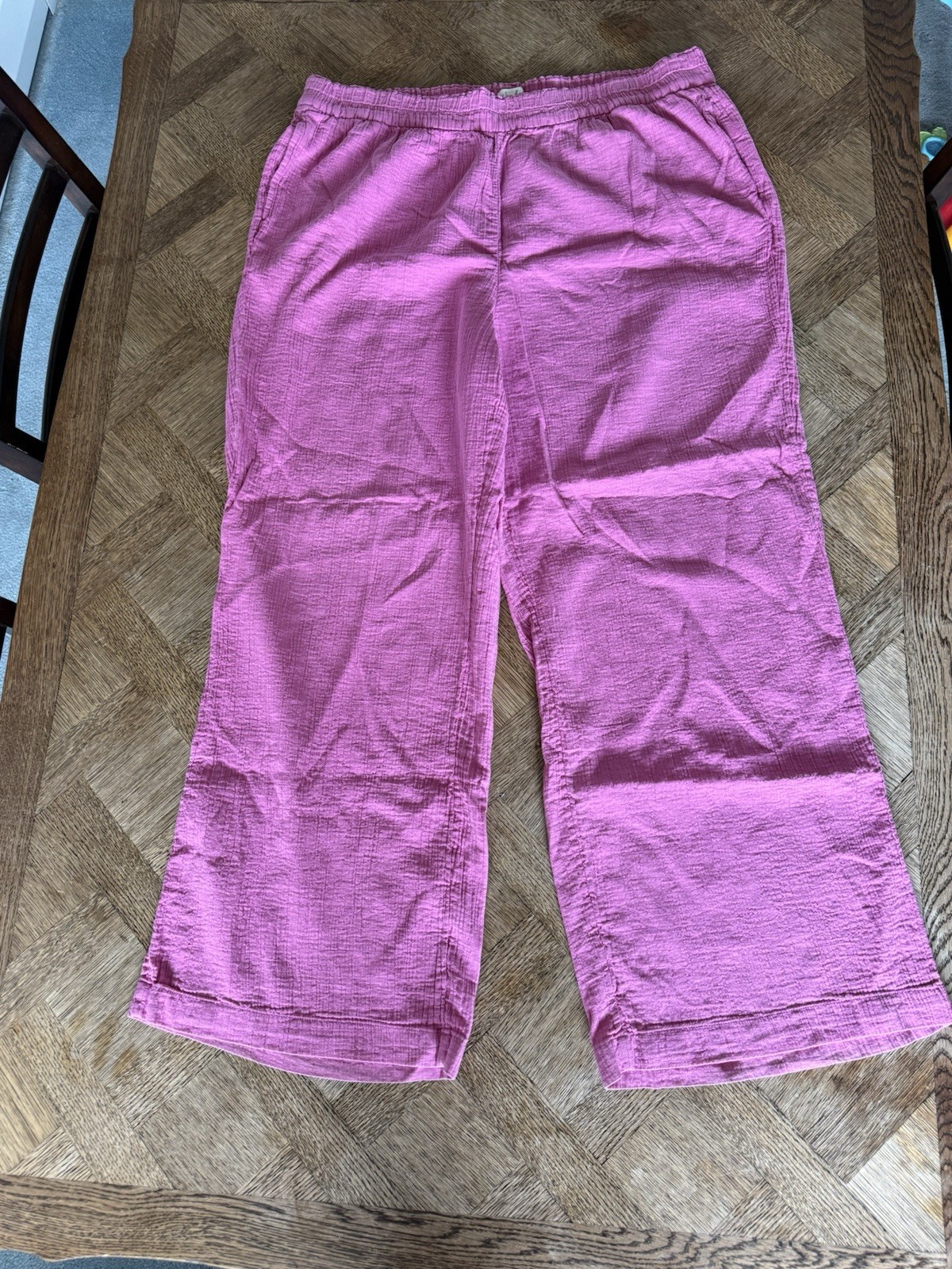 Wonderly  Pink Cotton Crinkle Wide-Leg Pants Relaxed Fit Elastic Waist Women