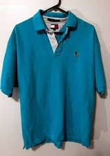 Tommy Hilfiger Mens Polo Vintage Shirt 100 Cotton SS Size XL Aqua Blue Emblem