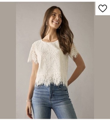 Francesca s Clara Crewneck Short Sleeve Lace Blouse Top in White Size L New