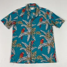 Paradise Found Shirt Mens Medium Teal Parrot Hawaiian Aloha Button Front Vintage