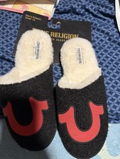 True Religion Men s Slip-On Slippers Faux Fur Lined Logo Black Red US 7-8