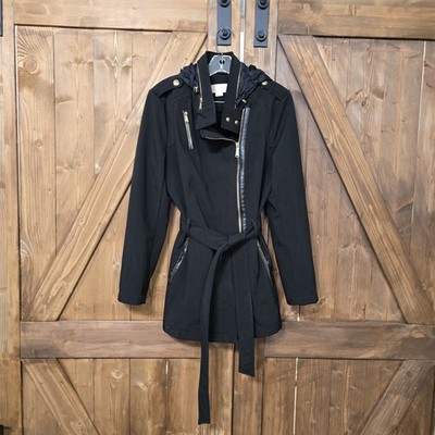 Michael Kors Women s Black Hooded Trench Coat Jacket Gold Zipper Belted Size M