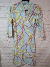 J. Mclaughlin Panama Faux Wrap Dress Size Small Blue Chain Print Midi Stretch 