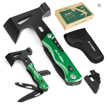 FLISSA 14-in-1 Camping Axe Hammer Multitool with LED Light for Hiking Survival